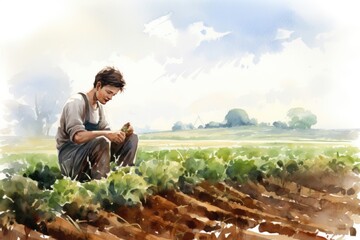 Water color drawing of male farmer working in the wheat fields. - obrazy, fototapety, plakaty
