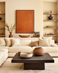Accent black wooden coffee table near beige sofa against wall with shelves. Country boho home interior design of modern living room.