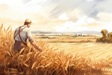 Naklejka na ściany i meble Water color drawing of male farmer working in the wheat fields.