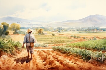 Water color drawing of male farmer working in the wheat fields.