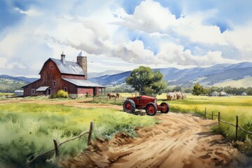 Fototapeta na wymiar Watercolor of charming farm landscape with beautiful mountain int the fields