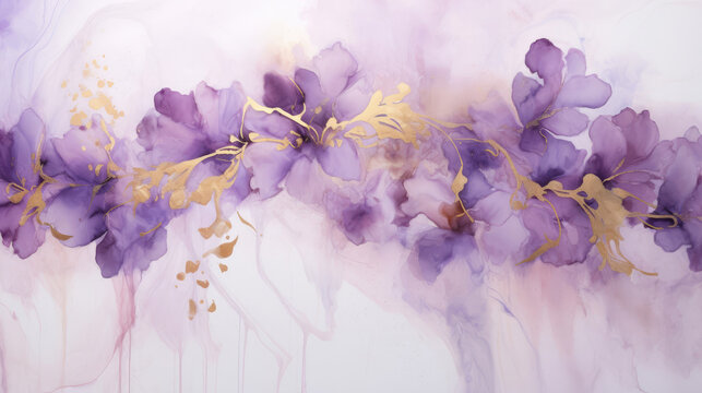 Opulent ink texture with cascading wisteria blossoms in shades of lavender and amethyst accented with golden swirls