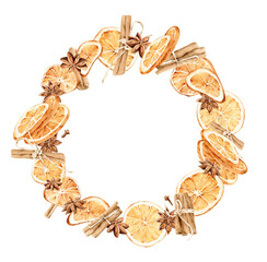 Watercolor christmas floral wreath. Hand painted  with orange slices, cinnamon sticks isolated on white background. Botanical print for design, decor