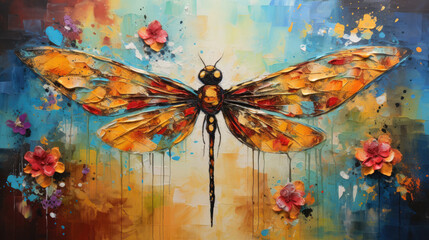 Whimsical abstract oil acrylic painting illustration of whimsical dragonfly palette knife on canvas