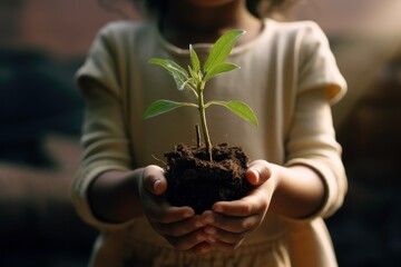 Adorable little girl and boy holding new sprout in hands.
