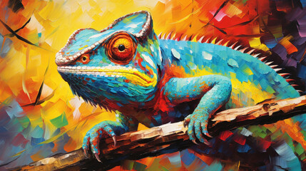Fototapeta premium Playful abstract oil acrylic painting illustration of charming chameleon palette knife on canvas