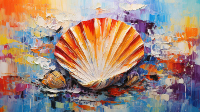 Colorful abstract oil acrylic painting illustration of exotic seashell palette knife on canvas