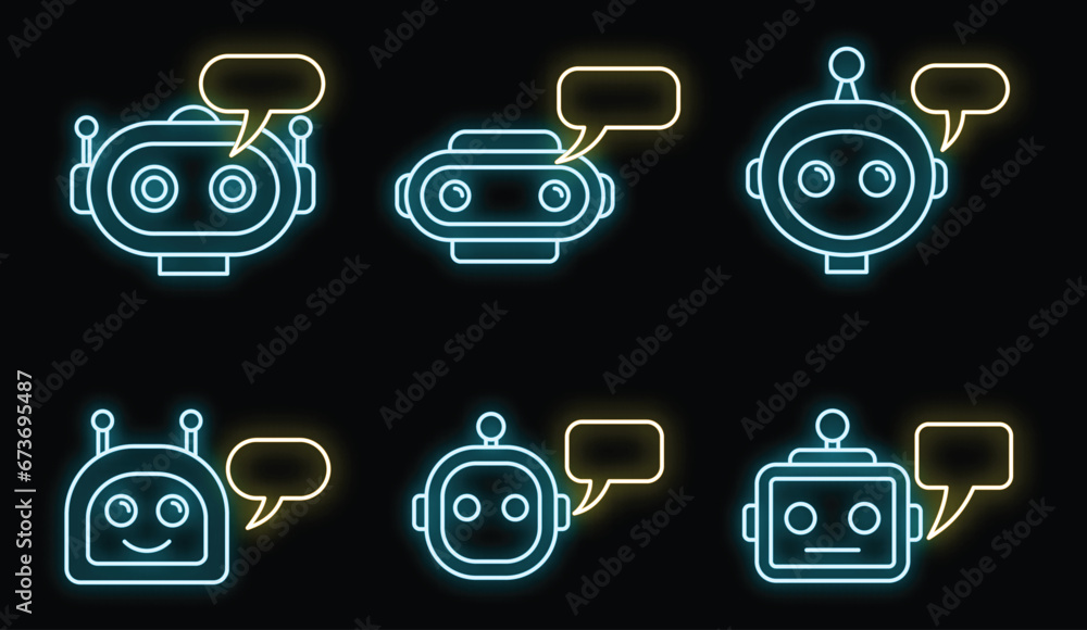 Poster chatbot ai icons set. outline set of chatbot ai vector icons neon color on black