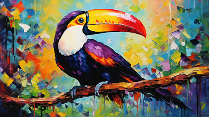 Exotic abstract oil acrylic painting illustration of vibrant toucan palette knife on canvas