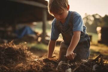 Adorable Young boy working as a farmer. - obrazy, fototapety, plakaty