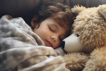 A Young boy in Cozy Pajamas Embracing a Stuffed Toy or bear.