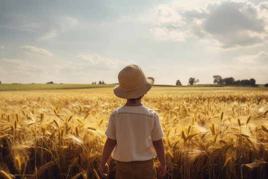 Child exploring vast farm fields with curiosity and serenity.