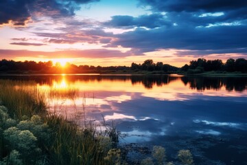 Fototapeta na wymiar A serene summer lake at sunset with colorful reflections on the water, capturing the tranquility and beauty of summer evenings.