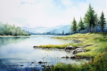Serene watercolor landscape by a lake