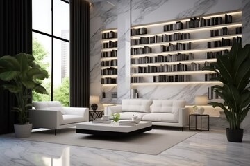 Modern bright living room, with white wall, with white sofa table and book shelf. Created with Ai