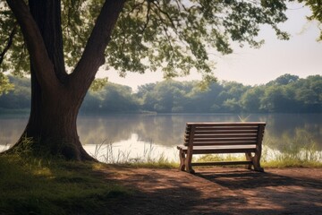 Fototapeta na wymiar An empty park bench in a tranquil natural landscape, evoking solitude and reflection.