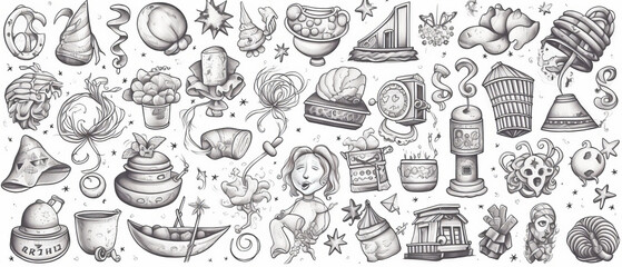 Fototapeta premium New Year themed lucky charms hand drawn line drawing illustration on white background ,generative ai