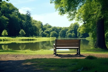 An empty park bench in a tranquil natural landscape, evoking solitude and reflection.