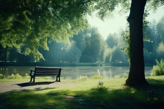 An empty park bench in a tranquil natural landscape, evoking solitude and reflection.