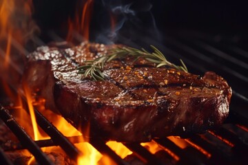 Steak on bbq grill with fire