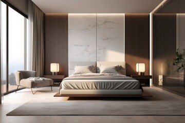 A contemporary bedroom with minimalist decor and clean, neutral tones.