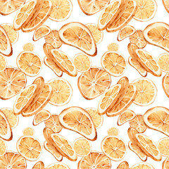 Seamless  pattern with orange, drawn by hand in watercolor. isolated on white background.
For fabric, wrapping paper, card, scrapbooking elements