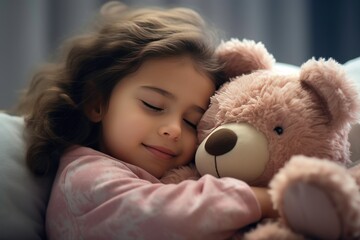 A Young Girl in Cozy Pajamas Embracing a Stuffed Toy