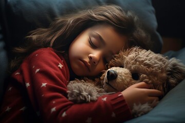 A Young Girl in Cozy Pajamas Embracing a Stuffed Toy - obrazy, fototapety, plakaty