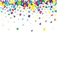 Falling letters of English language. Bright flying words of Latin alphabet. Foreign languages study concept. Pleasing back to school banner on white background.