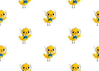 A little rabbit student in round glasses waves his hand. Primary school seamless pattern. Dear student