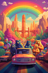 bear family travel in a truck across a town and rainbow forest. - obrazy, fototapety, plakaty