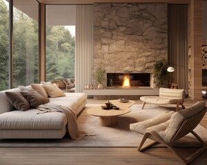 A cozy den nestled in the heart of a warm and inviting house, with plush cushions and a loveseat by the window, surrounded by elegant furniture and a crackling fireplace, offering a haven of comfort  - obrazy, fototapety, plakaty