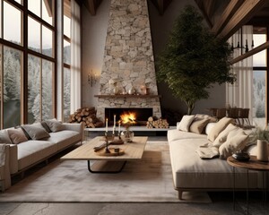 A cozy den with plush furniture, including a large couch and loveseat, sits against a wall adorned with a roaring fireplace, pillows scattered across the floor, while sunlight pours in through the wi