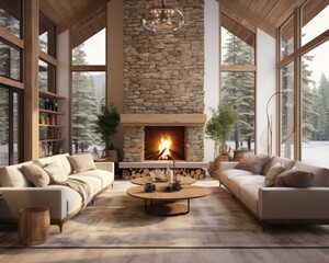 Cozy and inviting, a stone fireplace glows in the den of an indoor oasis, adorned with plush couches and a loveseat, surrounded by walls of windows and a high ceiling in this stunning house - obrazy, fototapety, plakaty