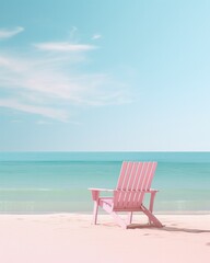 A lone pink chair perched on a sandy beach, basking in the warm summer sun as the vast ocean and clear blue sky stretch endlessly before it