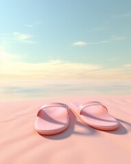 Soft pink sandals dance across the sandy shore, under a vast blue sky, surrounded by the endless landscape of the ocean and grounded in the warm embrace of the beach