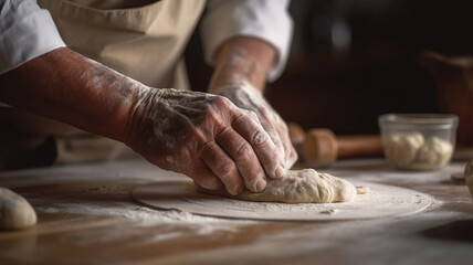 Fototapeta premium Close up of hand kneading the dough on the table in the kitchen