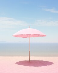 Fototapeta premium A pastel sky stretches above a serene beach landscape, where a vibrant pink umbrella stands tall against the white clouds, providing shelter from the wild and unpredictable outdoors