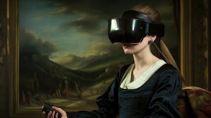 A woman's imagination bursts to life as she dons her virtual reality headset, immersed in a world of vibrant clothing, captivating paintings, and the intriguing persona of the goggles-clad figure bef
