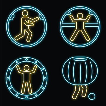 Zorb ball activity icons set. Outline set of zorb ball activity vector icons neon color on black