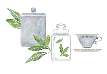 Watercolor hand drawn illustration. Porcelain tea pot cups paper bag green leaves storage jar. Isolated on white background. For invitations, cafe, restaurant food menu, print, website, cards - obrazy, fototapety, plakaty