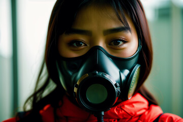 Fototapeta na wymiar A woman wearing futuristic protective mask. COVID 19. Mask-Wearing with Confidence. Generative AI