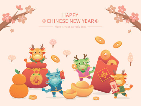 Chinese New Year with cute dragon character or mascot, red paper package with gold coins and gold ingots with plum blossoms, vector cartoon style, translation: spring