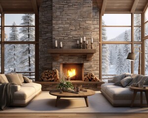 Amidst the cozy ambiance of an indoor living room, a stone fireplace stands tall against the wall, casting a warm glow upon the loveseat and couches below as the flickering flames dance in the hearth