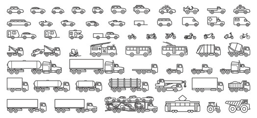 large set of simple vehicle line silhouettes