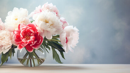Selective focus on a bouquet of fresh tender white, pink, and red peonies in a glass vase against a pastel blue background