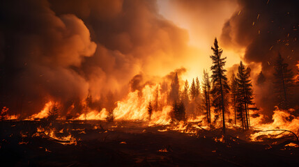 A striking photograph of a raging wildfire consuming a forest, emphasizing the destructive power and increasing frequency of wildfires exacerbated by climate change.