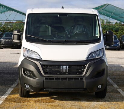 Reana, Italy. November 1, 2023. Front view of brand new Fiat Ducato, light commercial vehicle of the italian automaker, on display outside the official dealership.	