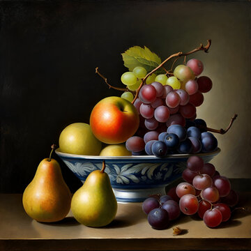 A classical arrangement of assorted fruits, including grapes and pears.