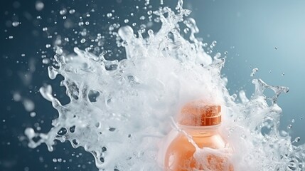 Orange bottle with screw cap under a stream of exploding water with splashes at blue background
